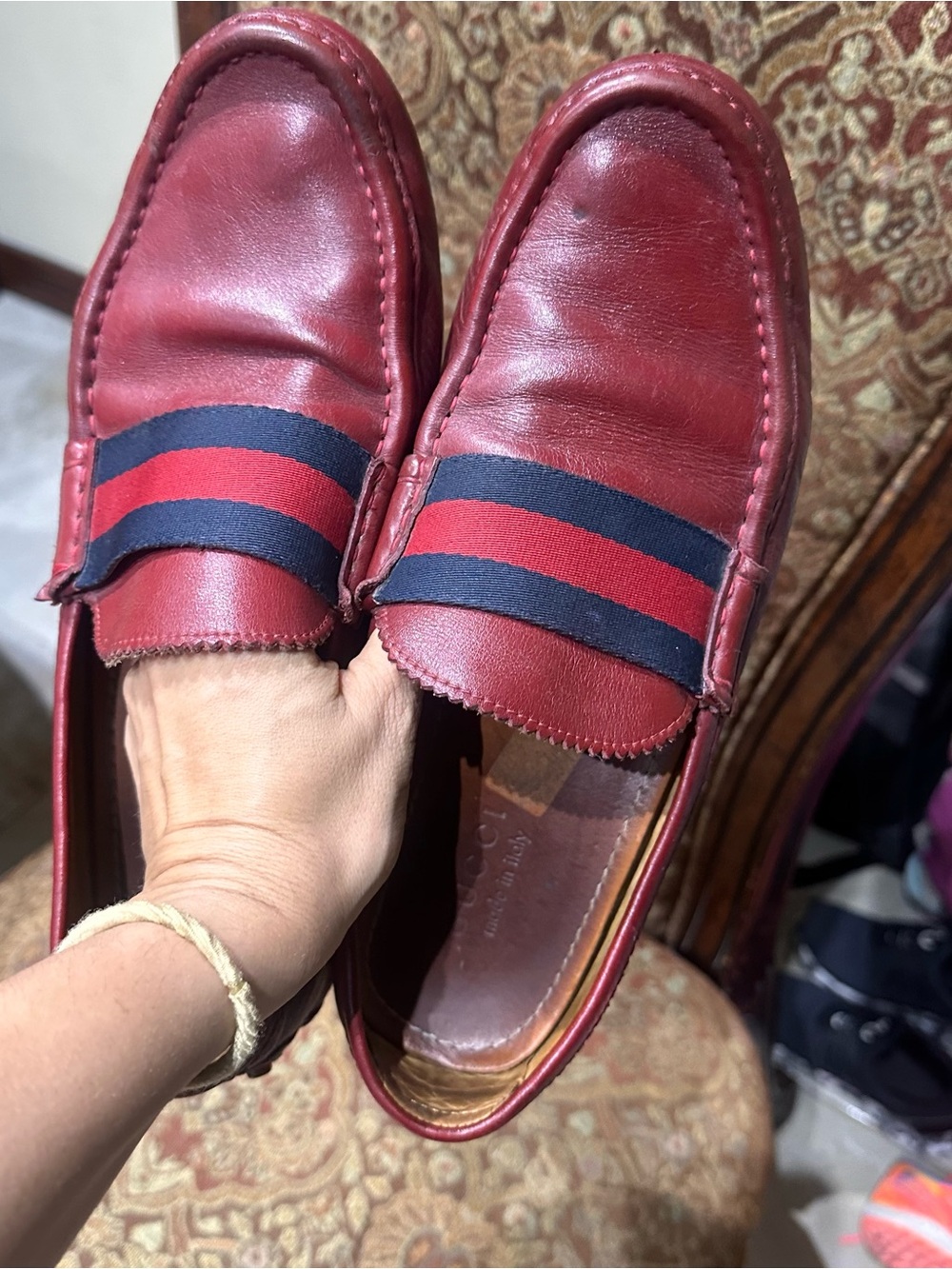 Gucci Red Leather Loafers with Navy & Red Stripes